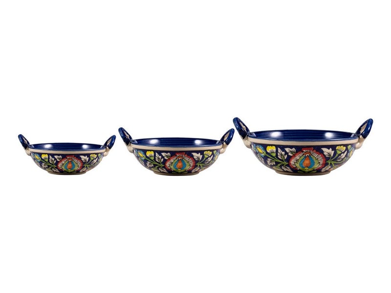 Caffeine Ceramic Handmade Stoneware Blue Jaipuri Serving kadhai (Set of 3 Microwave & Dishwasher Safe) - Image 1