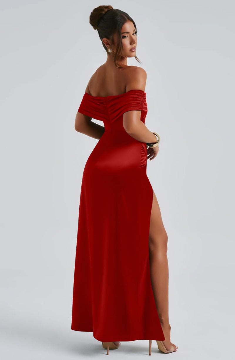 Memoriesea Women's Elegant Off Shoulder High Split Bodycon Evening Wedding Maxi Dress Red - Image 5