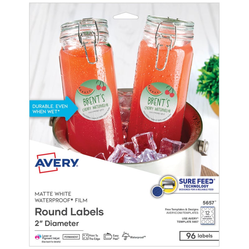 Avery Durable Waterproof Labels, Sure Feed Technology, 2" Diameter, Matte White, Laser/Pigment-Inkjet Printable, 96 Blank Labels, Great for Food Containers, Product Merchandising, and More (5657) - Image 1