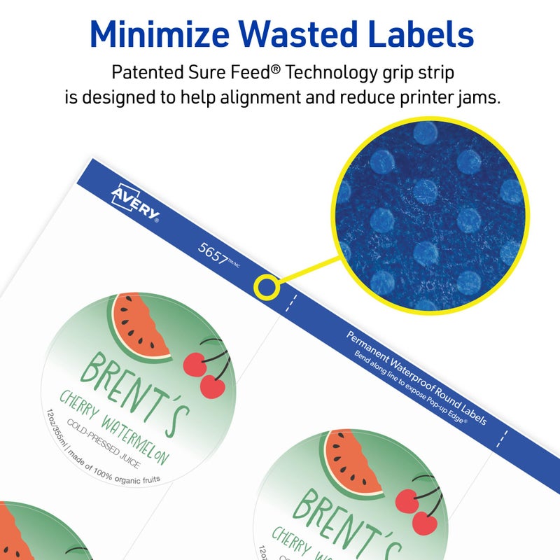 Avery Durable Waterproof Labels, Sure Feed Technology, 2" Diameter, Matte White, Laser/Pigment-Inkjet Printable, 96 Blank Labels, Great for Food Containers, Product Merchandising, and More (5657) - Image 5