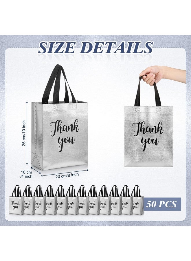 Fumete 50 Pcs Glossy Thank You Gift Bag with Handles 8 x 4 x 10 Inch Non Woven Reusable Gift Bags with Glossy Finish for Wedding Birthday Parties Engagements Anniversaries Holiday (Silver) - Image 2