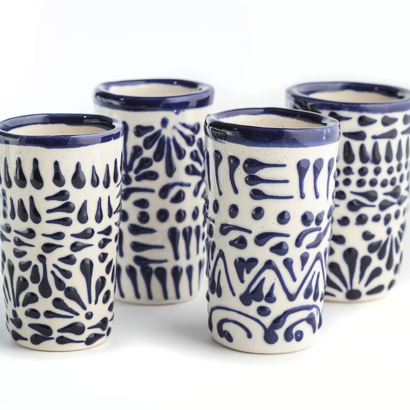 MEXTEQUIL  Talavera Shot Glasses Set of 4 Authentic Mexican Tequila Shot Glasses  Handpainted  2 Oz Blue Lace
