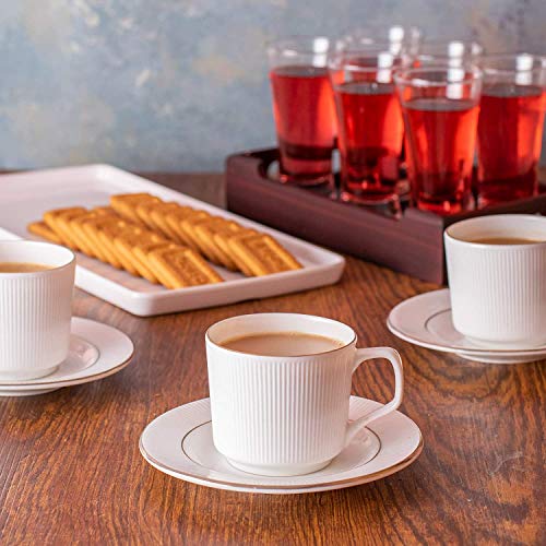 Saaikee Tea Coffee Cups with Saucers Set of 12 Bone China Line Print White 200 ML Microwave Safe Premium Table Ware for Kitchen Dining Table Decor - Image 3