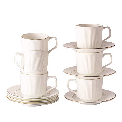 Saaikee Tea Coffee Cups with Saucers Set of 12 Bone China Line Print White 200 ML Microwave Safe Premium Table Ware for Kitchen Dining Table Decor - Image 4