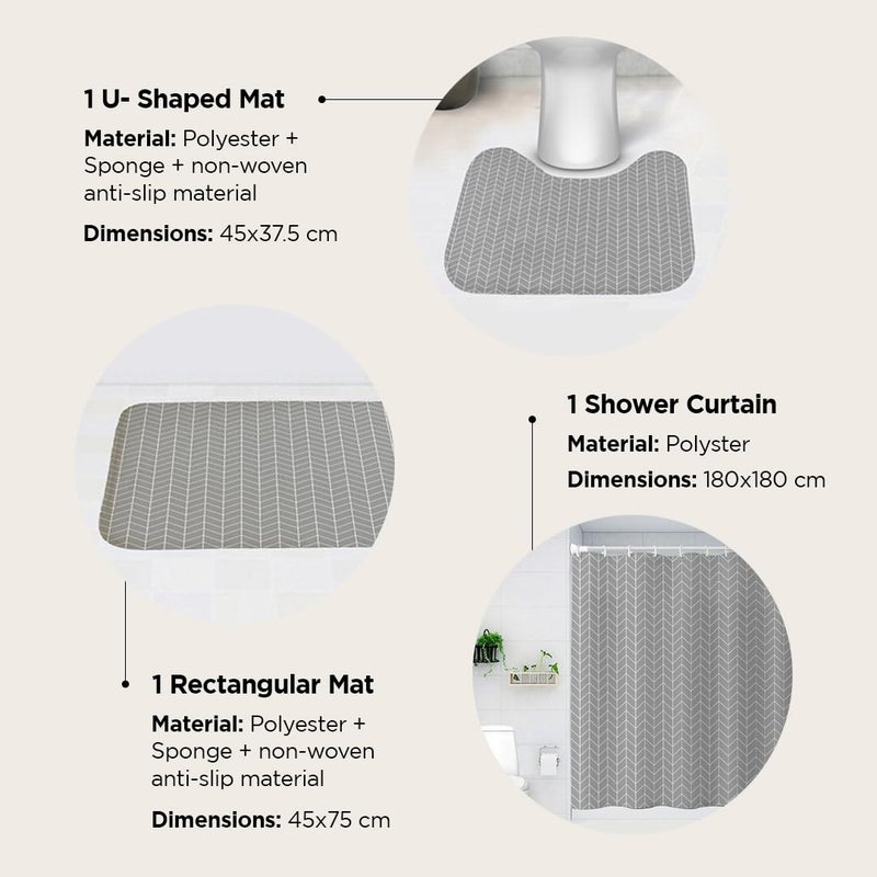 Umai UMAI Shower Curtain (180X180 cm) & Bathmat 3 Pcs Set|6ft|Creative Vibrant Coloured Polyster Curtain Sets with Non-Slip Bath mats for Bathroom|Easy-Slide Curtains|Quick Dry,Soft Mats  - Image 3