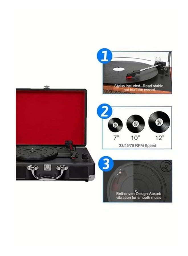 Record Player Vintage 3-Speed Bluetooth Portable Bluetooth Suitcase Built-in Stereo Speakers Phonograph Vinyl Turntable Belt-Driven LP Player Support USB Recording Vinyl Player - Image 2