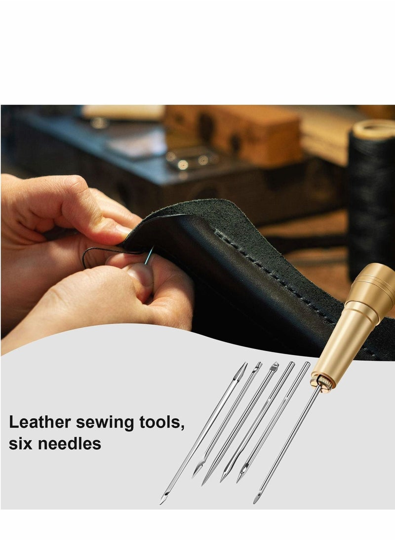 SYOSI - Canvas Leather Sewing Awl Needle with Copper Handle, 50 m Nylon Cord Thread and 2 Pieces Thimble for Handmade Leather Sewing Tools Shoe and Leather Repair, 6 Pieces - Image 1
