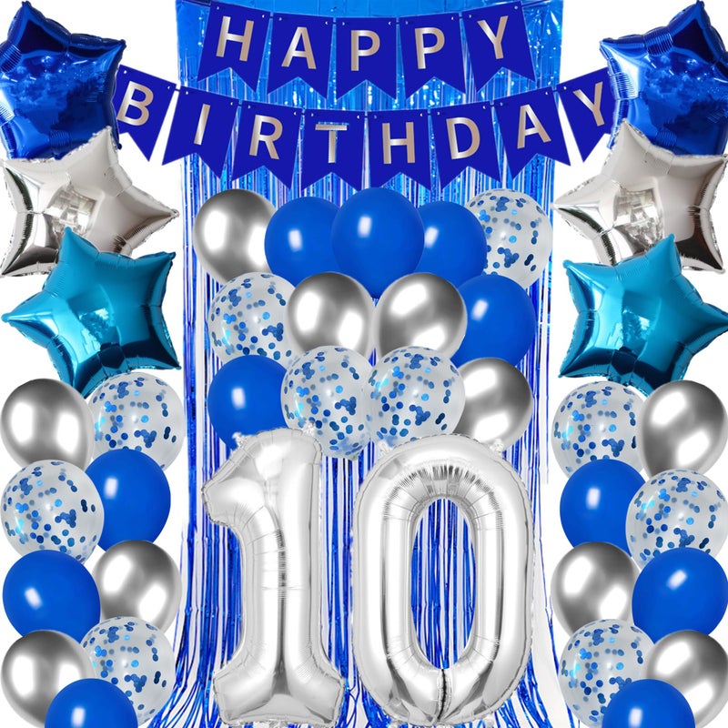 DUFACAI 10th Birthday Decorations for Boys Silver Blue Happy 10th Birthday Banner Tenth Party Supplies 32inch Number 10 Balloons Fringe Curtain 10 Years Old Bday Party Supplies Kit for Him Her Girls Silver - Image 3