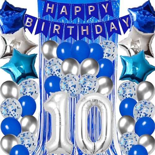 DUFACAI 10th Birthday Decorations for Boys Silver Blue Happy 10th Birthday Banner Tenth Party Supplies 32inch Number 10 Balloons Fringe Curtain 10 Years Old Bday Party Supplies Kit for Him Her Girls Silver - Image 1