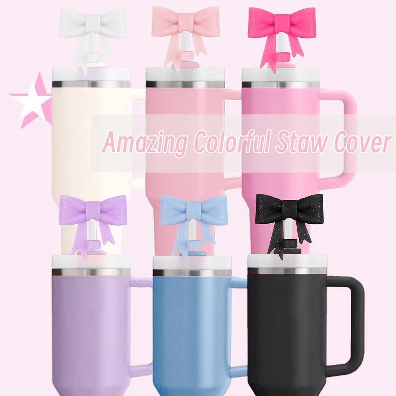 Hpebl 6Pcs Silicone Straw Toppers Covers for Stanley Cups 40/30oz 10mm(0.4in) Flash White Dust-Proof Bow Straw Covers Toppers Purple Suitbale for Stanley Cup Accessories Reusable Straws Caps - Image 5
