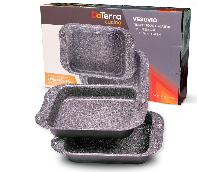 DaTerra Cucina DaTerra Cucina Nonstick Ceramic Coated Dual Roasting Pan  13 x 8 x 425 Set of Two Identical Pans Perfect for Roasting Baking Searing Braising Casseroles  Oven Safe Fits in Most Toaster Ovens 