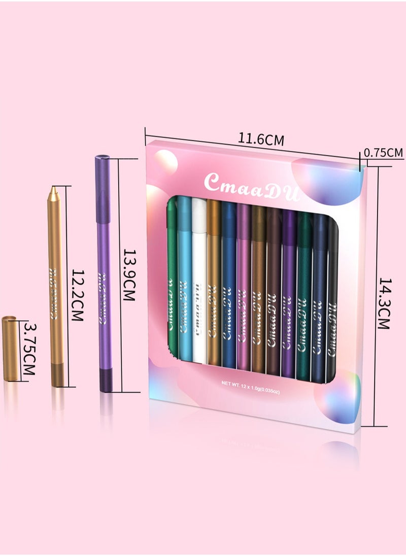 CmaaDu - Multifunctional Use The Colorful Eyeliner Pencil, 12 Colors Eyeliner Set with Two Pencil Sharpener Long Lasting Waterproof Pigmented Smudge Proof Eyeshadow Silkworm Pen - Image 1
