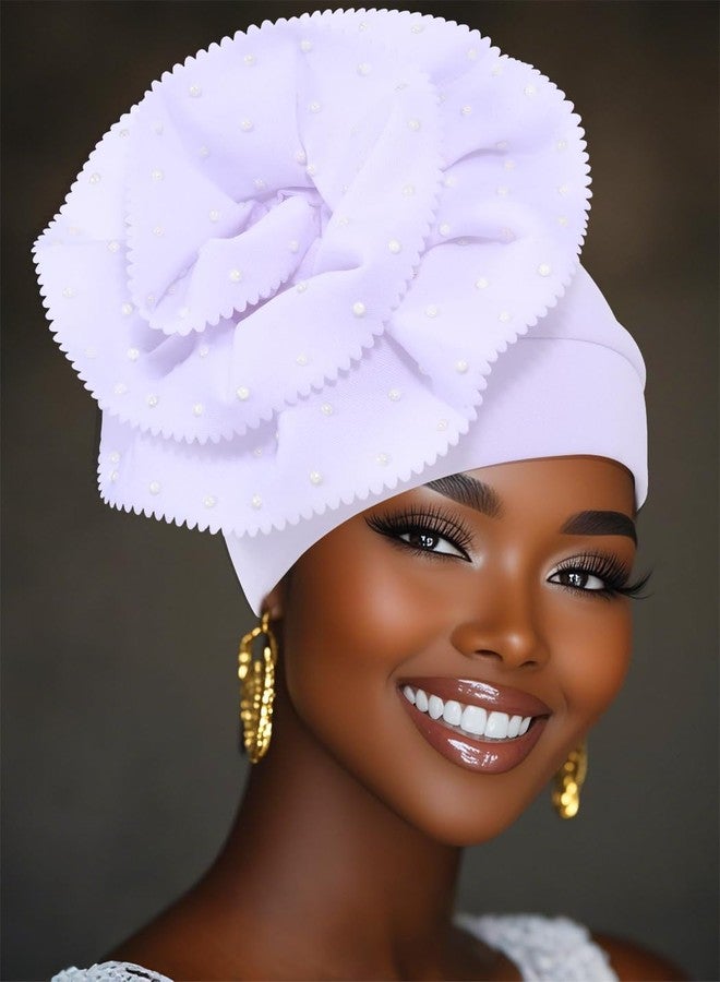 Urieo African Turban Headwrap Flower Pre Tied Head Wrap Cap Pearl Beanie Head Scarf for Women(White) - Image 5