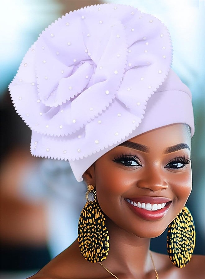 Urieo African Turban Headwrap Flower Pre Tied Head Wrap Cap Pearl Beanie Head Scarf for Women(White) - Image 3