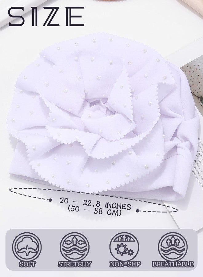 Urieo African Turban Headwrap Flower Pre Tied Head Wrap Cap Pearl Beanie Head Scarf for Women(White) - Image 2