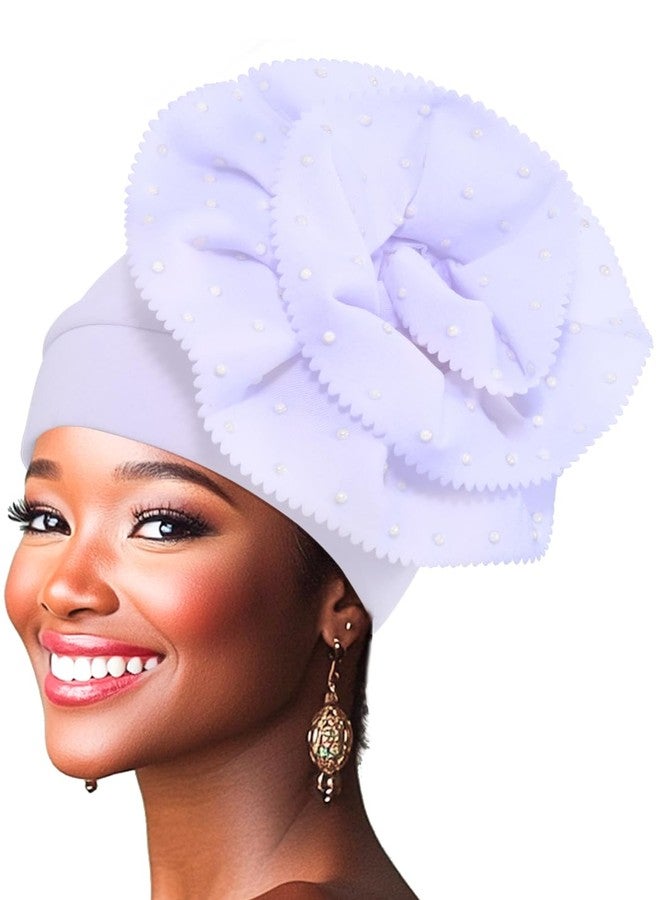Urieo African Turban Headwrap Flower Pre Tied Head Wrap Cap Pearl Beanie Head Scarf for Women(White) - Image 1