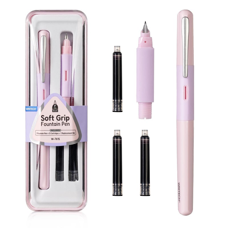 WRITECH Fountain Pen Soft Grip: Fine Nib Black Ink Pen with 3 Ink Cartridges and 1 Replacement Nib Set Smooth Writing for Journaling Calligraphy Gift (Pink) - Image 1