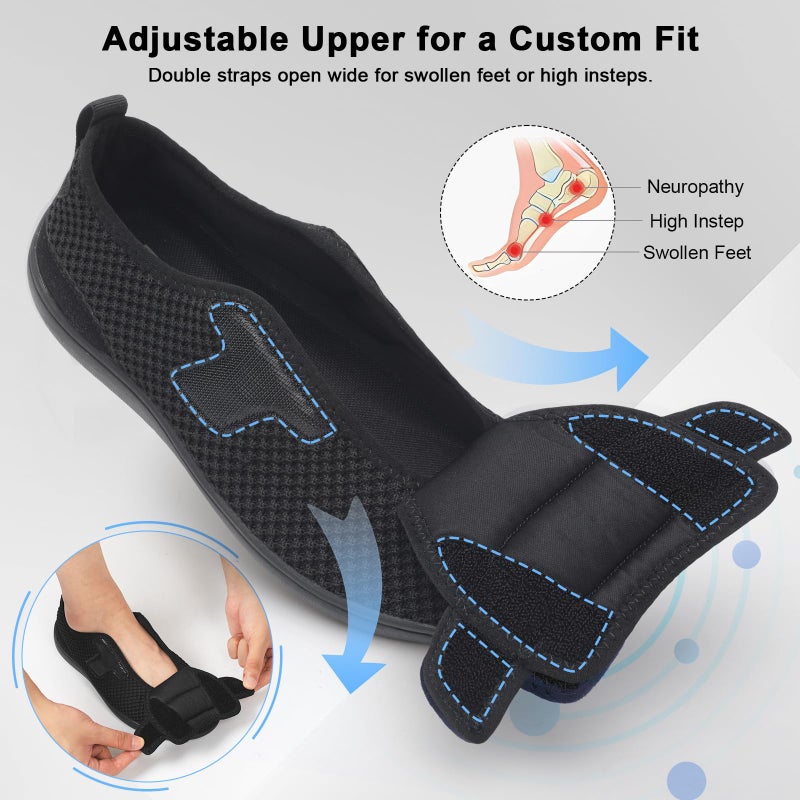 JOINFREE Diabetic Wide Walking Shoes for Women & Men with Adjustable Upper, Zero Drop Non Slip Casual Sneakers Comfortable for Swollen Feet, Edema, Arthritis & Elderly Black Size Women 8/Men 6 - Image 4