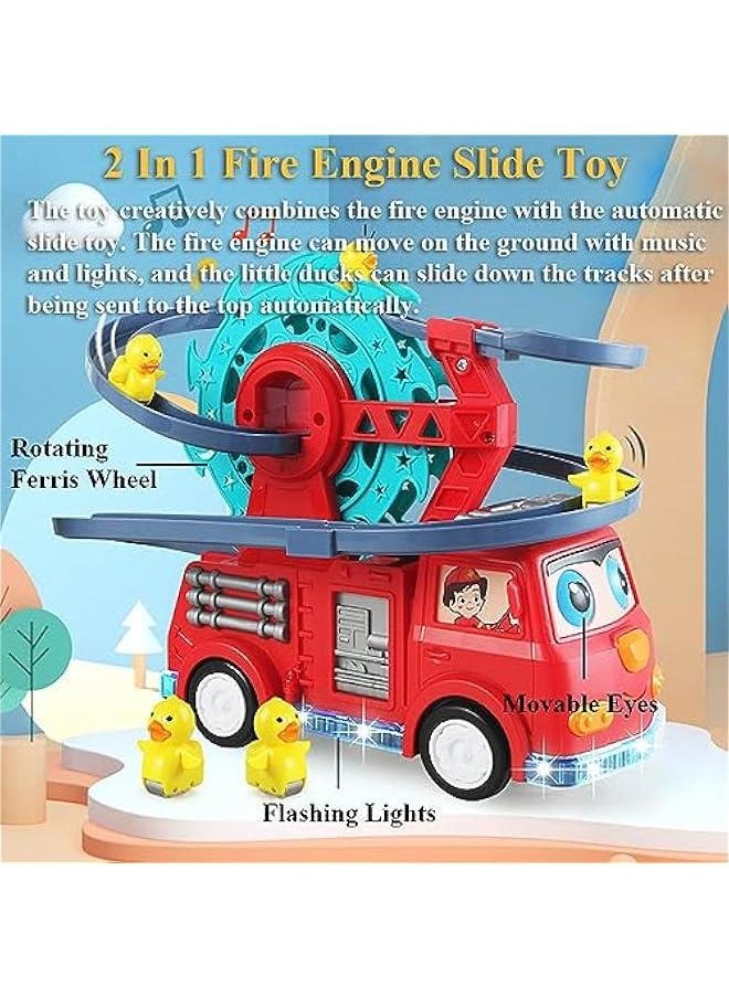 2 in 1 Fire Engine Slide Toy Set, Automatic Slide Down Duck Toy Race Track Toy Rotating Ferris Wheel Toy Duck Slide Toy Fire Truck Toy with Universal Wheel, Movable Eyes, Music & Lights