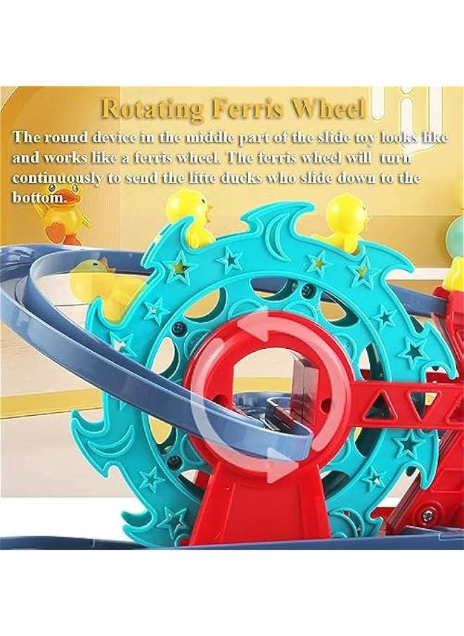 2 in 1 Fire Engine Slide Toy Set, Automatic Slide Down Duck Toy Race Track Toy Rotating Ferris Wheel Toy Duck Slide Toy Fire Truck Toy with Universal Wheel, Movable Eyes, Music & Lights