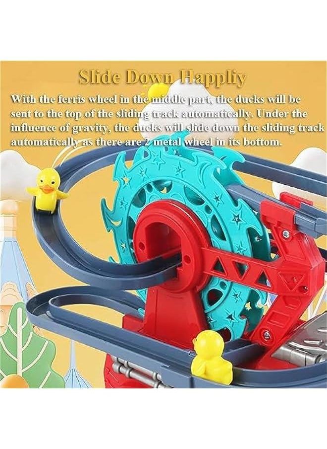 2 in 1 Fire Engine Slide Toy Set, Automatic Slide Down Duck Toy Race Track Toy Rotating Ferris Wheel Toy Duck Slide Toy Fire Truck Toy with Universal Wheel, Movable Eyes, Music & Lights