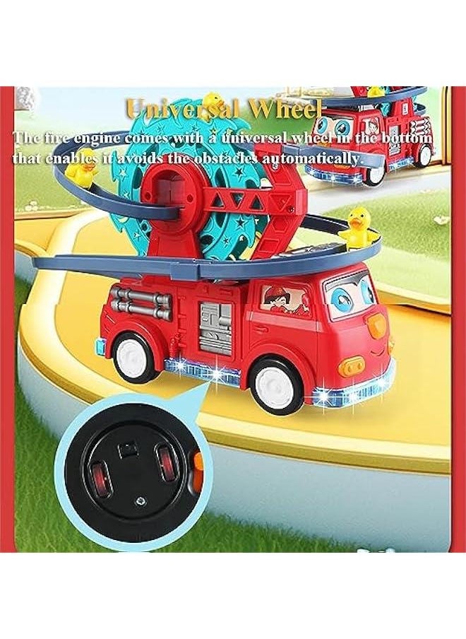 2 in 1 Fire Engine Slide Toy Set, Automatic Slide Down Duck Toy Race Track Toy Rotating Ferris Wheel Toy Duck Slide Toy Fire Truck Toy with Universal Wheel, Movable Eyes, Music & Lights