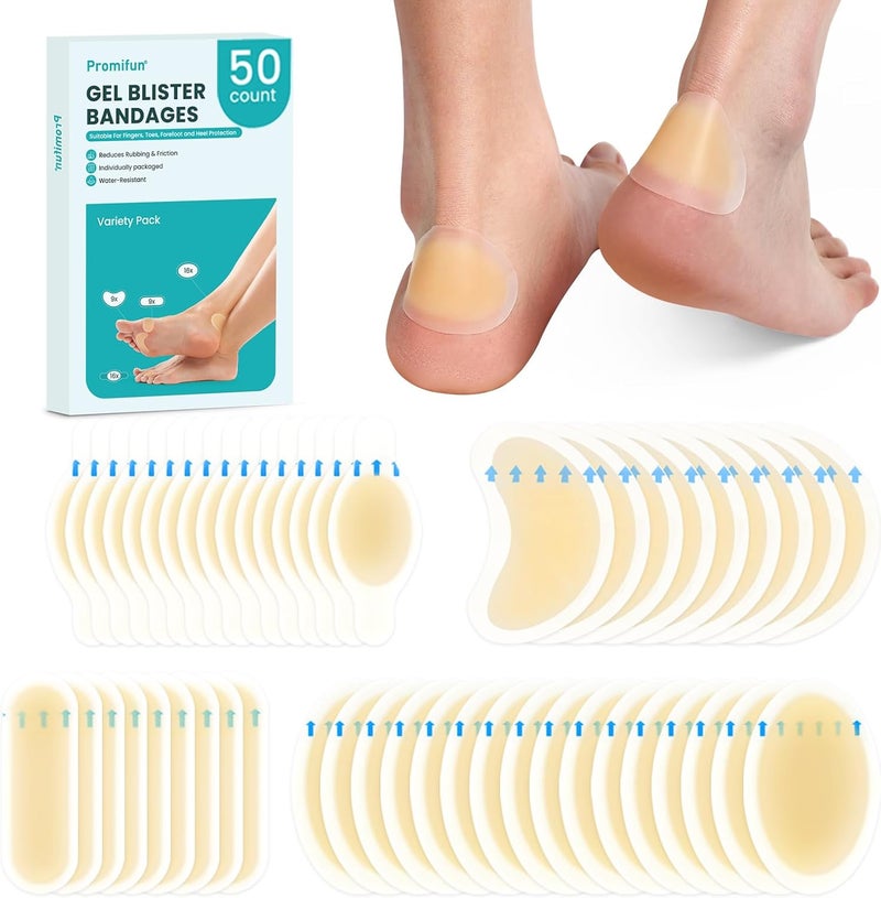 Promifun Blister Bandages Blister Pads  50 ct Blister Cushions  Water Resistant Hydrocolloid Bandages for Foot Toe Heel  Gel Blister Bandages for Prevention  Recovery Variety Pack - Image 1