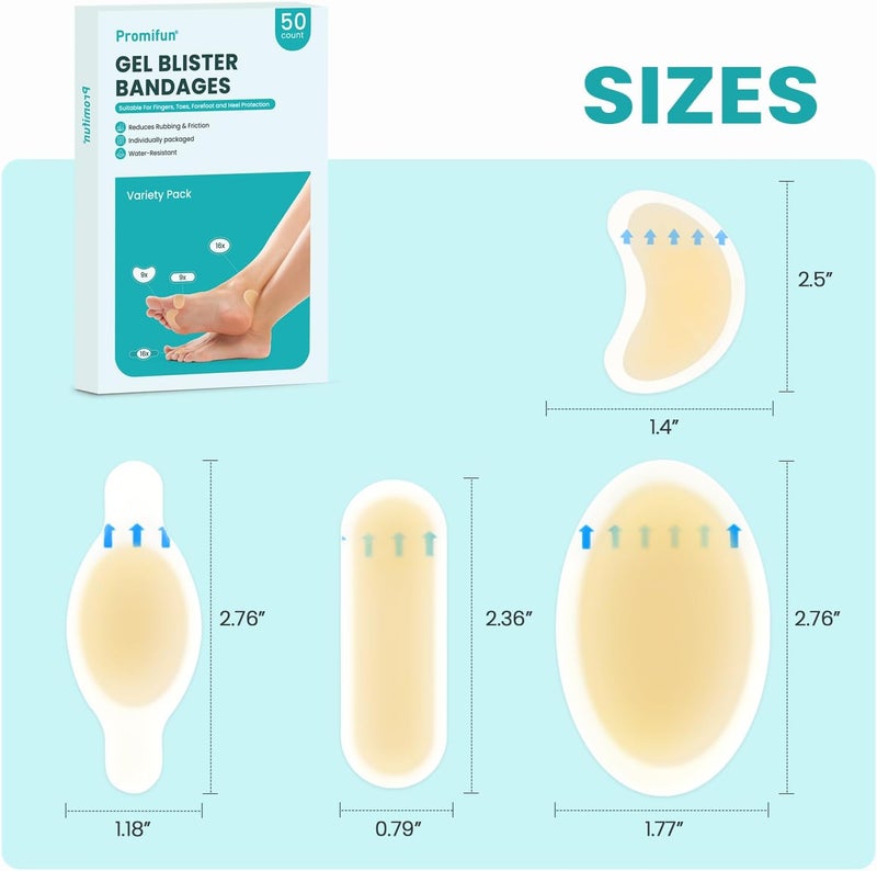 Promifun Blister Bandages Blister Pads  50 ct Blister Cushions  Water Resistant Hydrocolloid Bandages for Foot Toe Heel  Gel Blister Bandages for Prevention  Recovery Variety Pack - Image 3