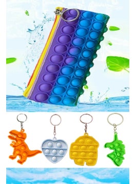 Pop It Push Bubble Fidget Pen Holder Toy Popit Pen Box and 4 Piece Keychain Set