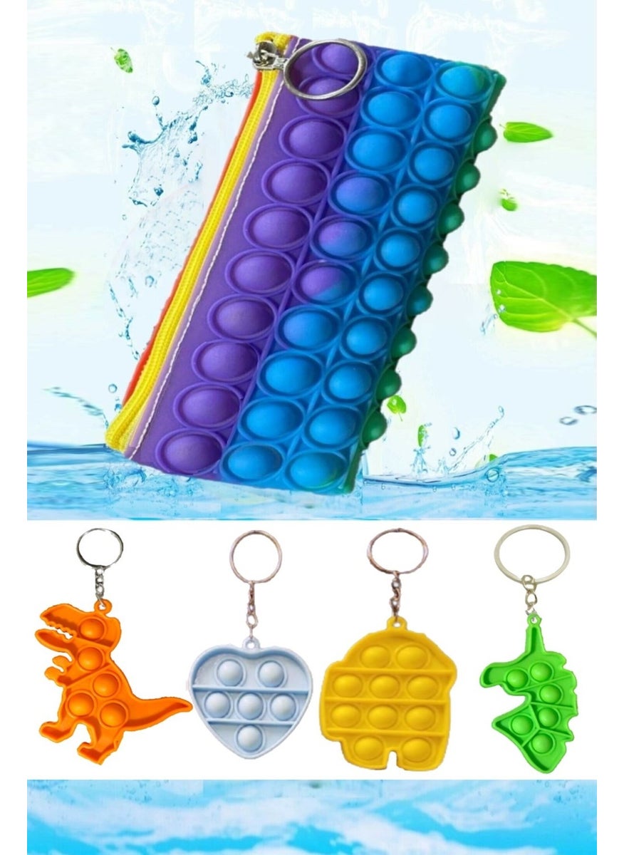 RoseRoi - Pop It Push Bubble Fidget Pen Holder Toy Popit Pen Box and 4 Piece Keychain Set - Image 1