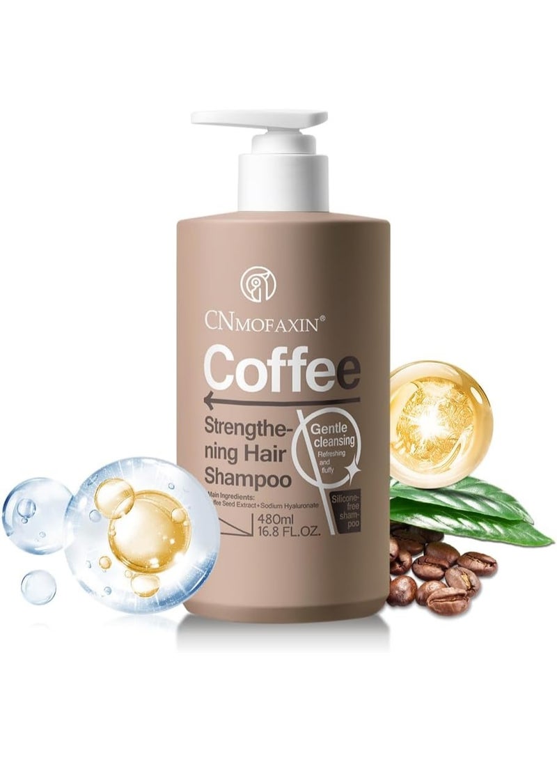 Hair Strengthening Shampoo for Men & Women - Free of Silicone, Coffee Extract & Castor Oil - Gentle Cleansing, Provitamin B5, Caffeine Rich Intensive Formula, Hair Thickening Products - 16.8 Fl Oz