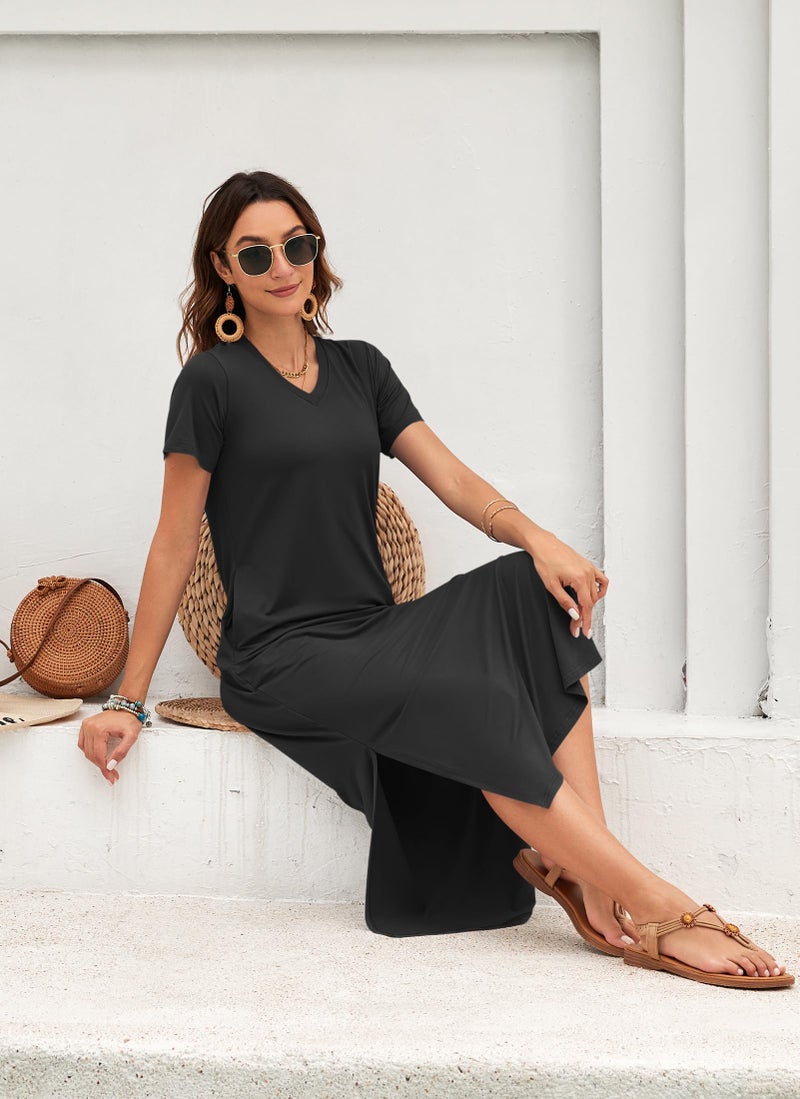 MISFAY Women Summer Maxi Dresses 2026 Casual Short Sleeve Long T Shirt Dress Split Beach Sundress Travel Vacation with Pocket Black - Image 4