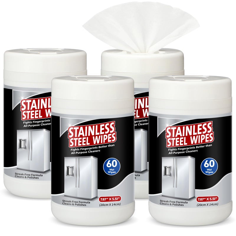 Threlaco 4 Pack Stainless Steel Cleaner Wipes 240 Count Stainless Steel Polish Wipes Cleaner for Kitchen Oven Refrigerator Dishwasher Microwave Cleaning and Protection - Image 1