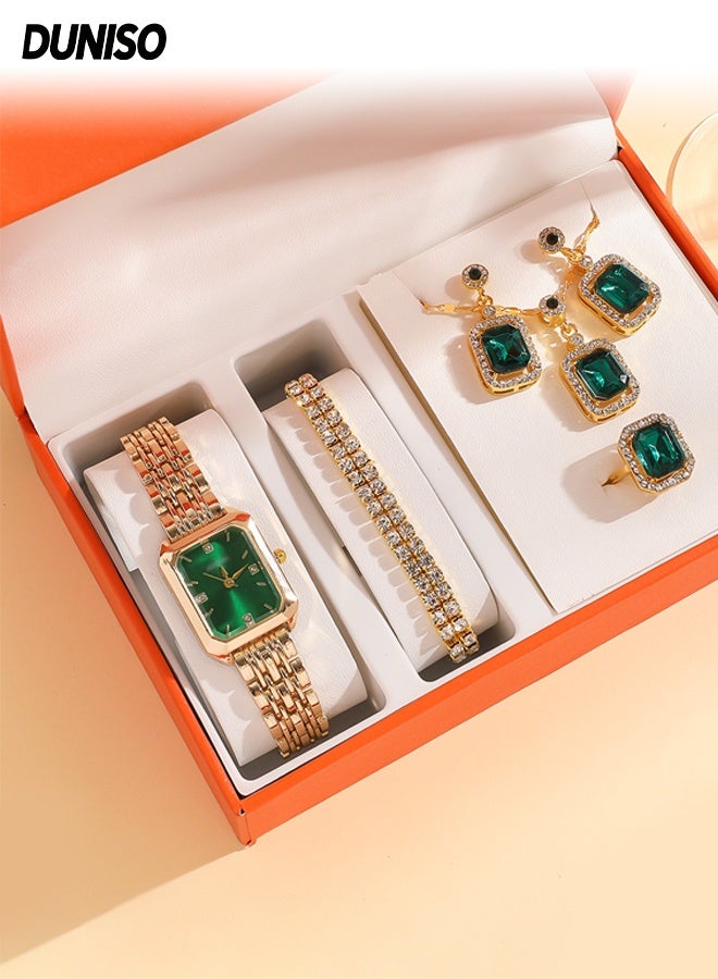 DUNISO Women's Elegant Watch Set, Green Malachite Dial, Beautiful Bracelet, Necklace, Ring, Earrings, Wrapped by Stylish Gift Box,Present for Ladies and Loved Ones Anniversary, Birthday or Holidays - Image 1