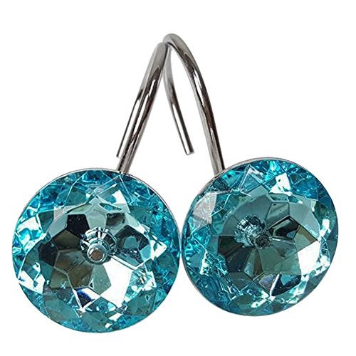 Gracelife Set of 12 Rhinestone Decoration Stainless Steel Ring Shower Curtain Hook Multi Color Options Crystal Design Shower Curtain Hooks Hangers (Lake Green) - Image 1