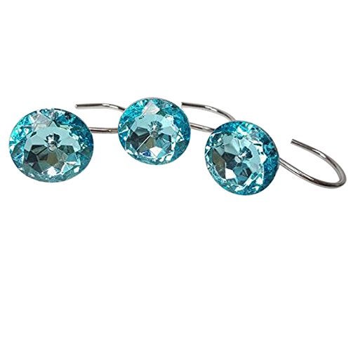 Gracelife Set of 12 Rhinestone Decoration Stainless Steel Ring Shower Curtain Hook Multi Color Options Crystal Design Shower Curtain Hooks Hangers (Lake Green) - Image 2