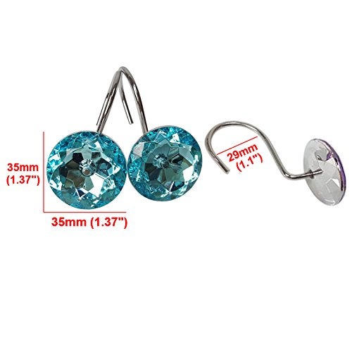 Gracelife Set of 12 Rhinestone Decoration Stainless Steel Ring Shower Curtain Hook Multi Color Options Crystal Design Shower Curtain Hooks Hangers (Lake Green) - Image 3