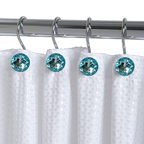 Gracelife Set of 12 Rhinestone Decoration Stainless Steel Ring Shower Curtain Hook Multi Color Options Crystal Design Shower Curtain Hooks Hangers (Lake Green) - Image 4