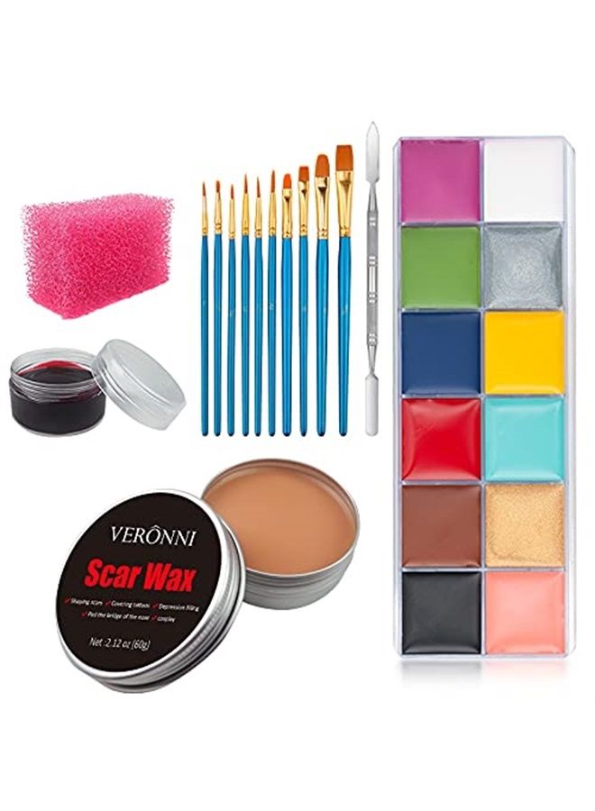 VERONNI SFX Makeup kit 12 Colors Face Body Paint Oil（96g）Halloween Makeup with Special Effects Wound Scar Wax, Fake Scab Blood, Spatula, 10 Brushes,1 Stipple Sponge (02) - Image 4