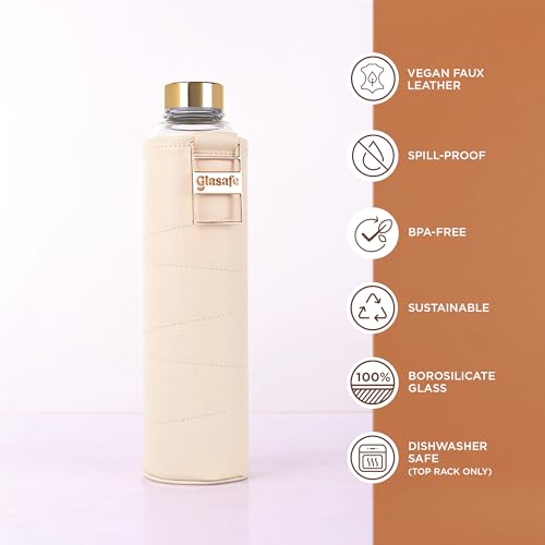 GLASAFE 750ml Borosilicate Glass Water Bottle w/t Vegan Leather Sleeve |Wide Mouth Spill-Proof Cap |Reusable BPA-Free Eco-Friendly Glass Bottle for Office,Home,Gym,Travel |Aesthetic Design(Bare Beige) - Image 3