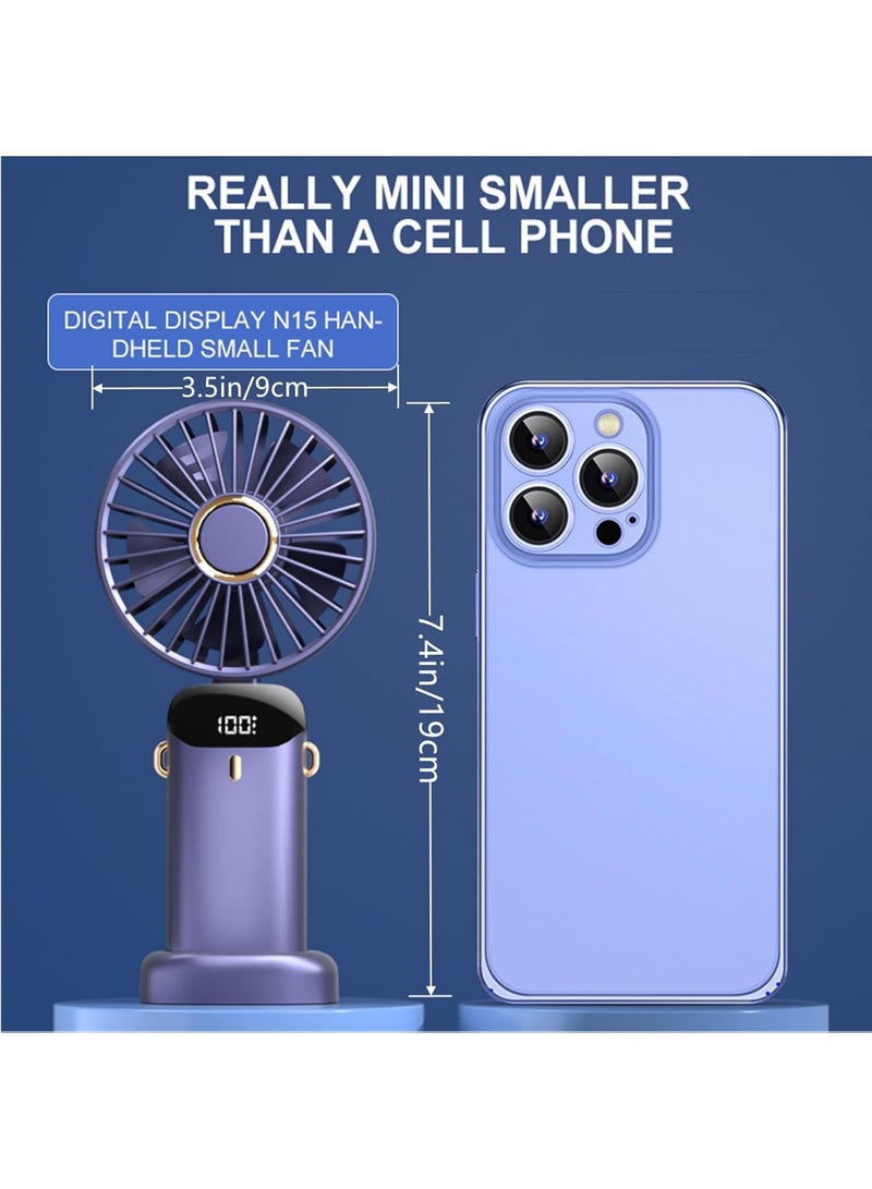 Portable handheld fan, mini USB rechargeable fan with digital display, small personal pocket fan with 5 speeds, foldable desk fan with cord and base for home, travel and outdoor use - Image 4