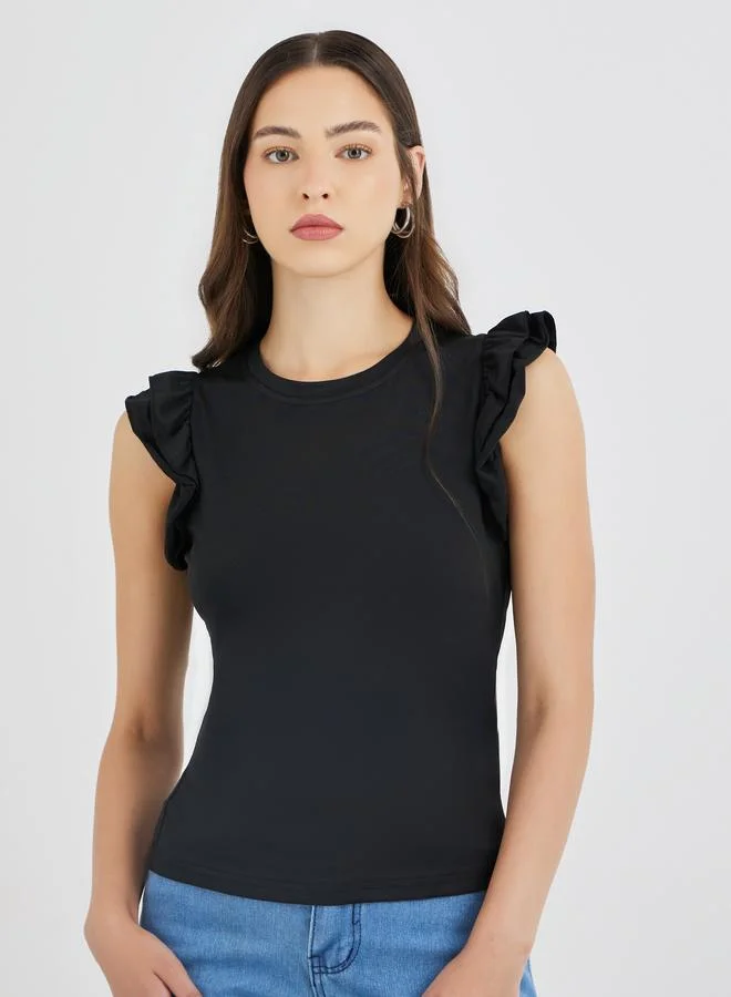 تايك تو تيشيرت بياقة مستديرة وأكمام مكشكشة