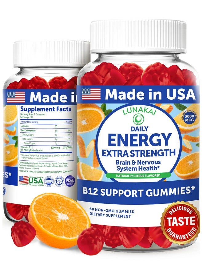 Lunakai Energy Gummies - USA Made Natural Energy Supplements - Vegan Vitamin B12 Gummies for Women & Men - Delicious Methyl B12 3000 mcg, 60ct - Image 1