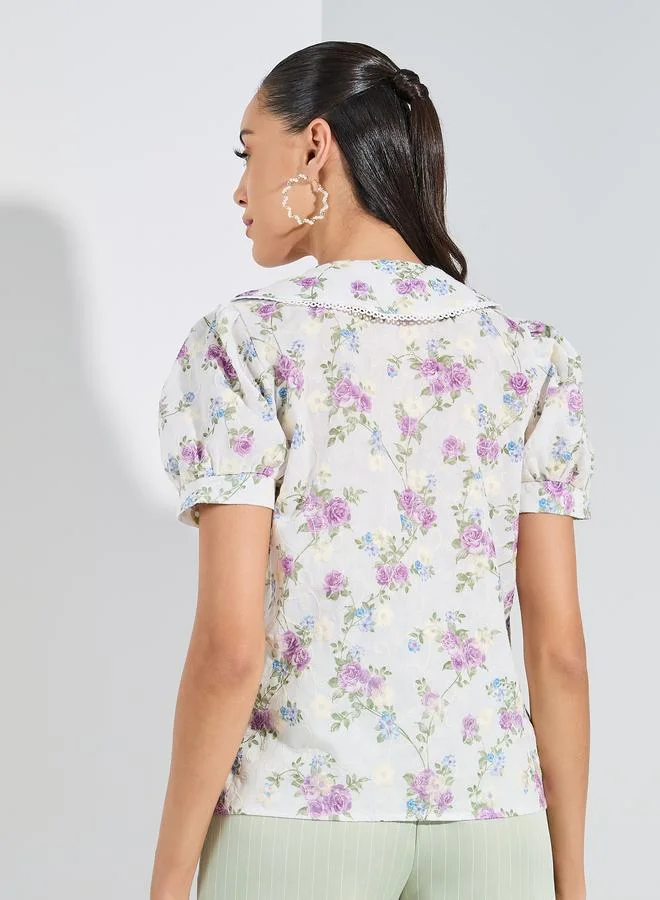 Styli Embroidery Detail Floral Print Blouse with Peter Pan Collar