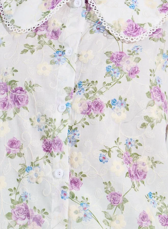 Styli Embroidery Detail Floral Print Blouse with Peter Pan Collar