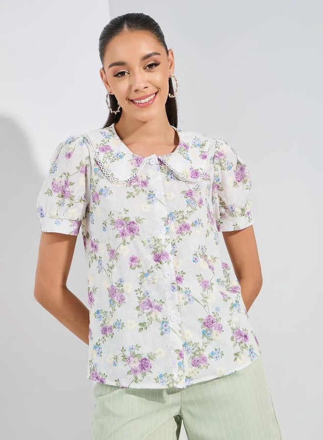 Styli Embroidery Detail Floral Print Blouse with Peter Pan Collar