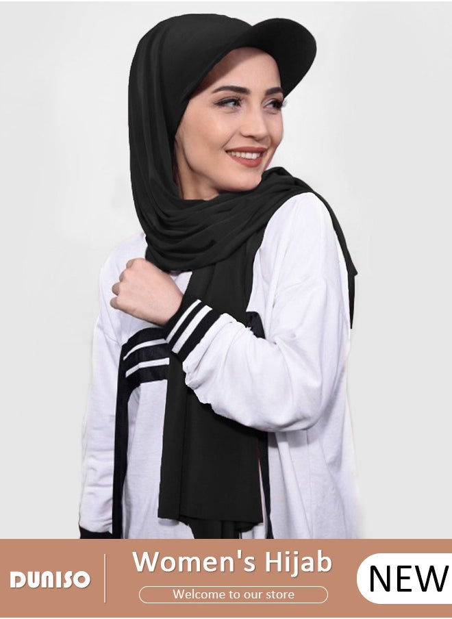 DUNISO Hijab with Hat,Lightweight Hijab Headscarf for Women Adjustable Soft Long Under Scarf Baseball Caps with Undercap Islam Turban Wrap Muslim Fashion Solid Color Head Wraps  - Image 1