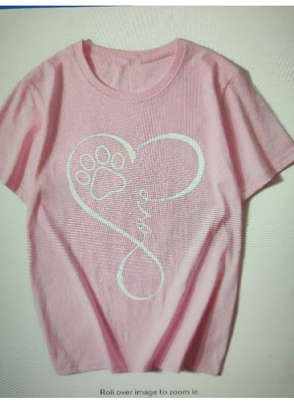Generic - Cute Dog Paw Classic Letter Love Print Short Sleeve T-Shirt Versatile Personality Cotton Modal Fabric Cartoon Pattern Fresh Sweet Style for Men Pink - Image 1
