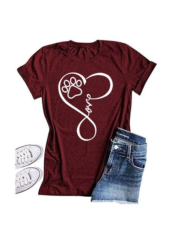 Generic - Cute Dog Paw Classic Letter Love Print Short Sleeve T-Shirt Versatile Personality Cotton Modal Fabric Cartoon Pattern Fresh Sweet Style for Men Pink - Image 1