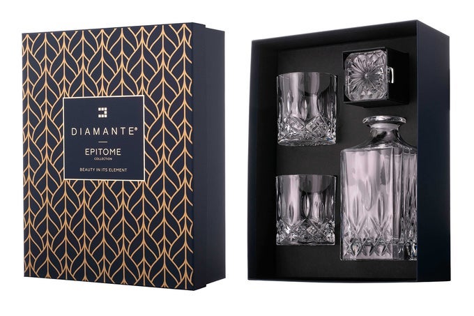 WHISKY SET 3 PIECE DORCHESTER COLLECTION 1 CRYSTAL DECANTER WITH 2 CRYSTAL TUMBLERS IN A LUXURY SATIN LINED GIFT BOX